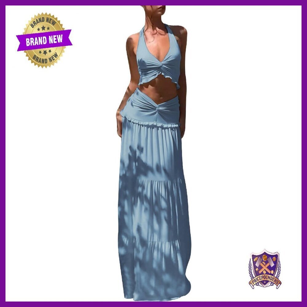 Women's Halter Top Maxi Skirt Set Polyester Spandex Y2K Ruffle